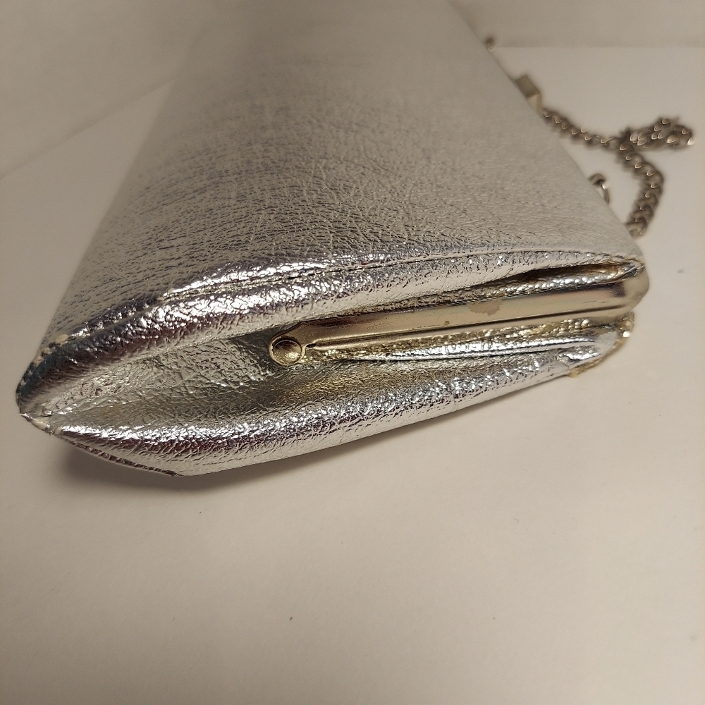 Vintage Silver Metallic + Glitter Clutch Evening Bag Purse Cocktail Prom Formal - Picture 13 of 15
